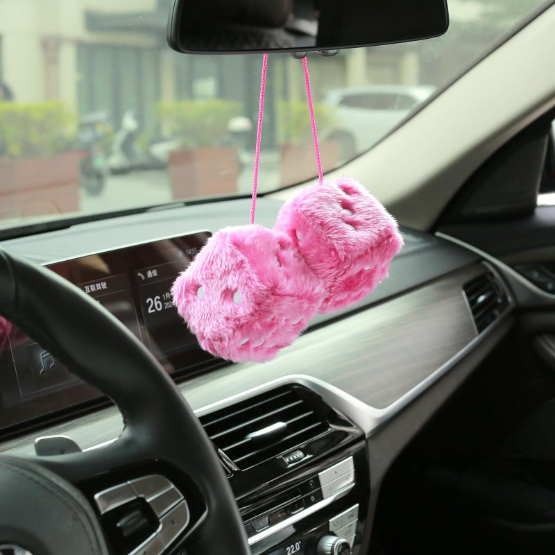 YGMONER Pink Fuzzy Dice for Rear View Mirror  Pair of 2.75 "" Plush Dice Retro Hanging Ornaments Car Interior Rearview Mirror Decor Accessories (Pink) - Image 4